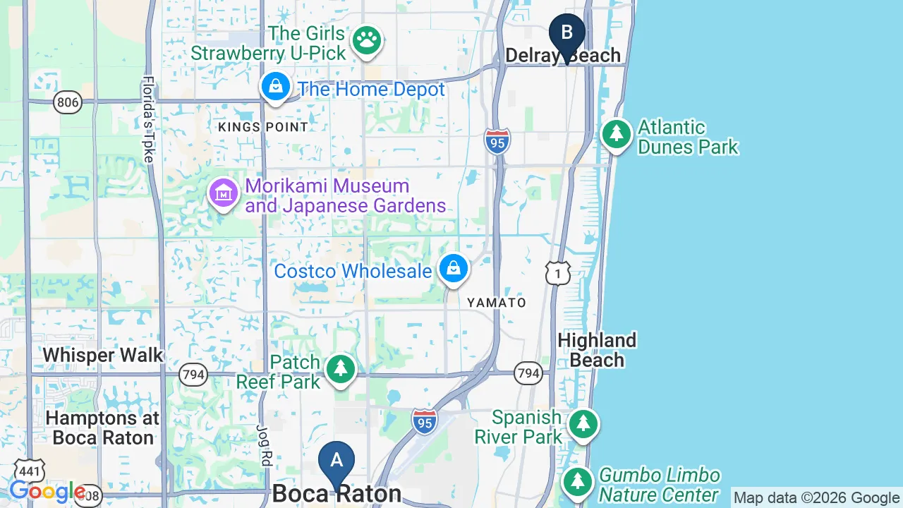 Driving directions map from Boca Raton to Demo Chiropractic in Demo City